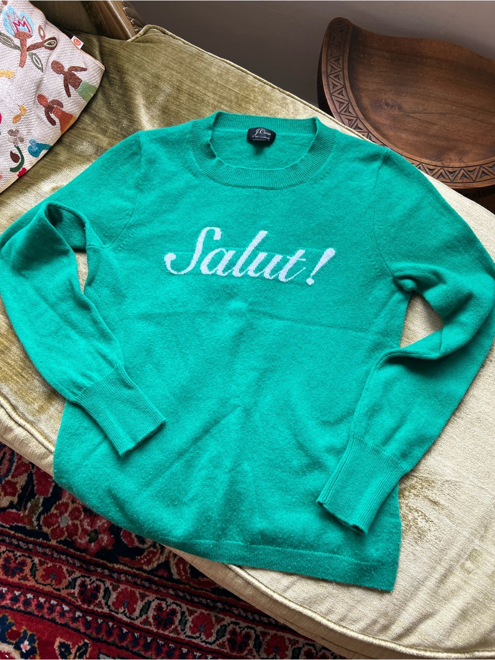 J. Crew Green Crewneck cashmere Sweater with White "Salut!" Script - Picture 5 of 5